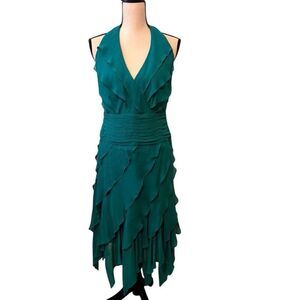 Vtg Tadashi Shoji  Green Silk Tiered Handkerchief Hem Dress Sz 10 Y2K, Cocktail